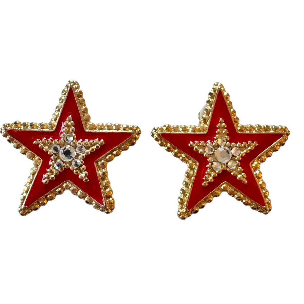 Vintage 1980s Red‎ Enamel Star Rhinestone Gold Tone Statement Clip On Earrings